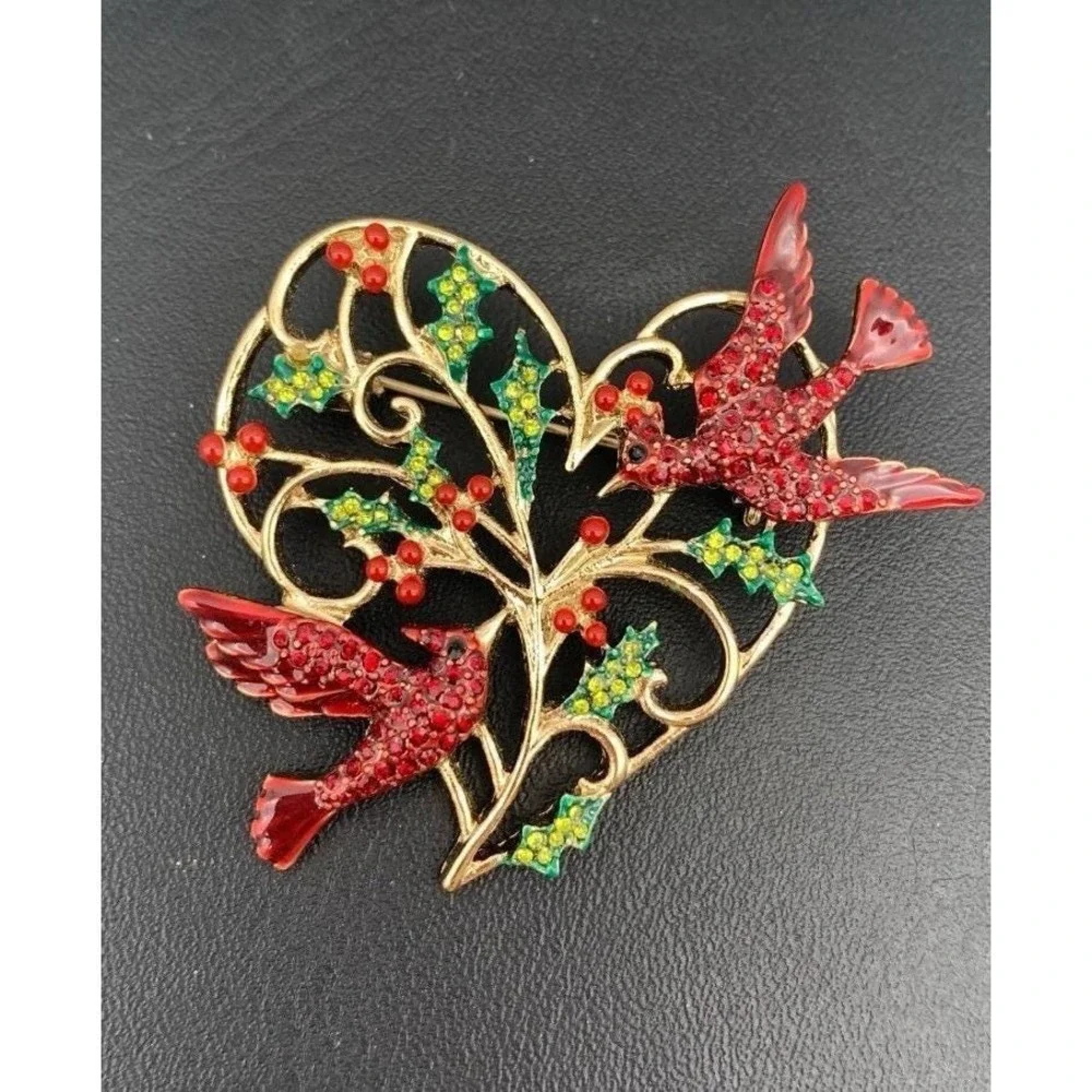 Vintage Anne Klein‎ Gold Tone And Rhinestone Birds Holiday Christmas Brooch